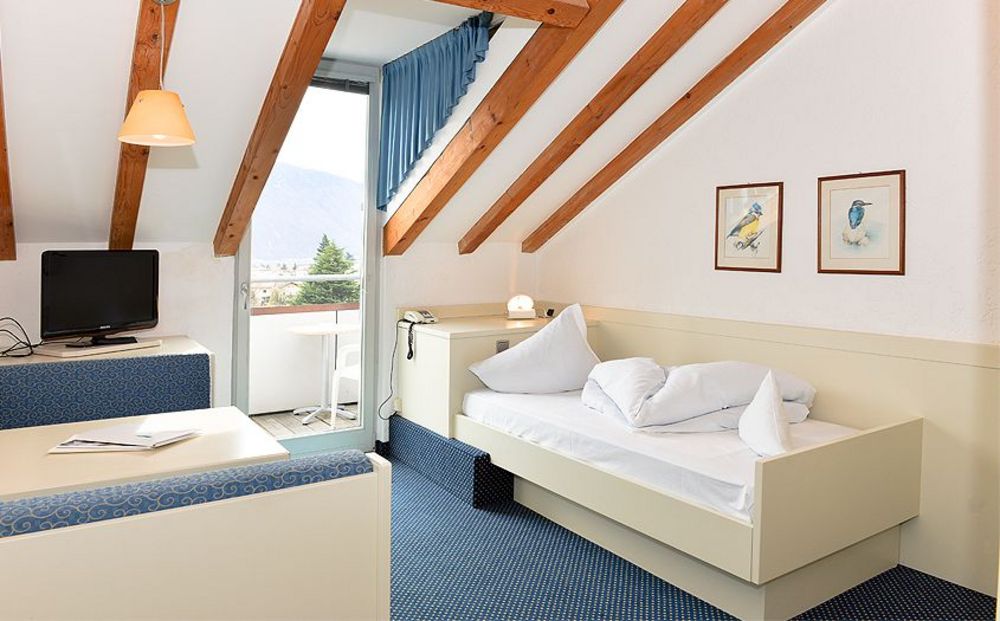 Gemütliches Hotelzimmer mit Dachschräge, Einzelbett, Sofa, Fernseher und Balkon mit Bergblick.