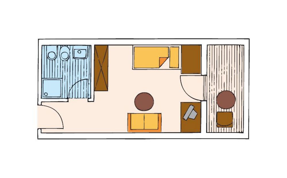 Grundriss einer kleinen Wohnung mit Badezimmer, Wohn- und Schlafbereich sowie Balkon mit Tisch und Stuhl