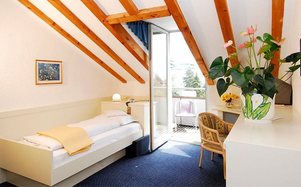 Helles Schlafzimmer mit Dachschrägen, Einzelbett, Balkon und Pflanzen auf einem Schrank.